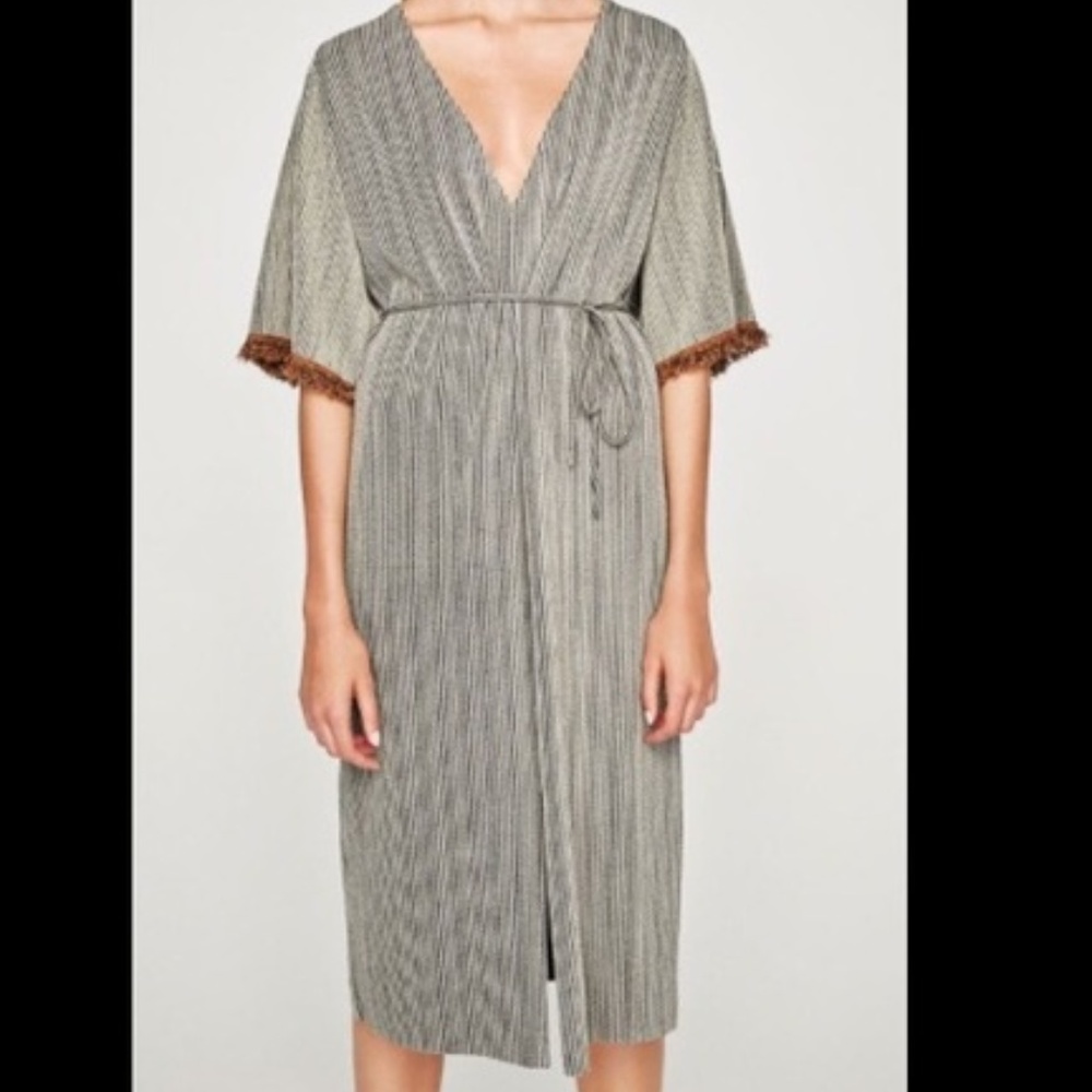 NWT ZARA Trafaluc Grey Fringe sleeve Dress LG